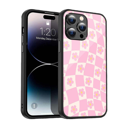 Pink Checker Floral Phone Cover | Glass Case