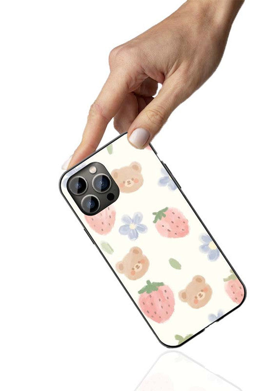 Teddy & Strawberry Pastel Phone Cover | Glass Case